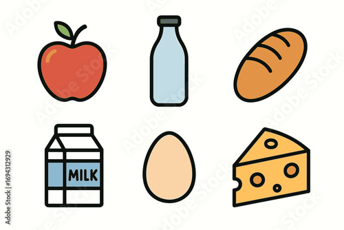 Collection of simple food icons: apple, milk bottle, bread, milk carton, egg, cheese