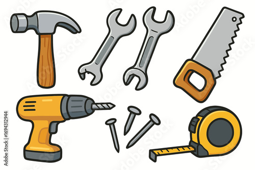 Cartoon hand tools collection: hammer, wrenches, saw, drill, nails, tape measure