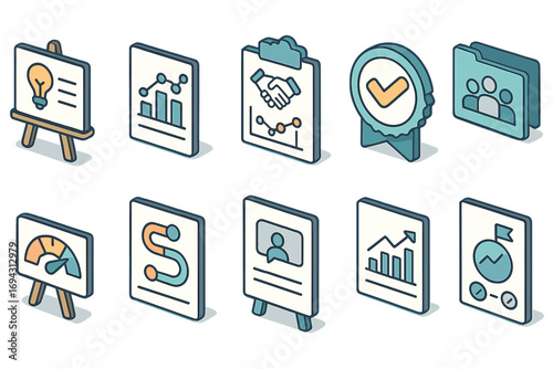 Business management icon set. statistics, planning, analytics icons in 3d style