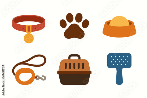 Pet accessories collection: collar, paw print, food bowl, leash, carrier, litter scoop