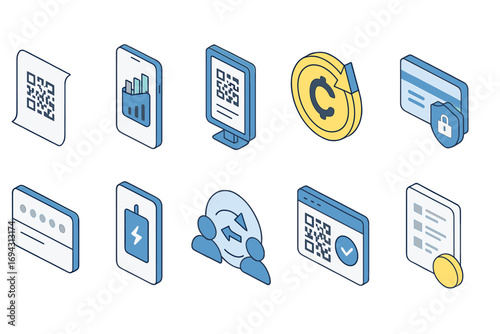 Finance and security icon set: banking, cryptocurrency, technology graphics outline