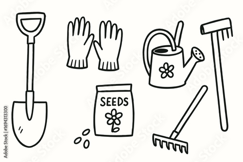 Gardening tools and supplies: shovel, gloves, seeds, watering can, rake illustration