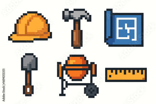 Pixel art construction tools set: helmet, hammer, blueprint, shovel, mixer, ruler