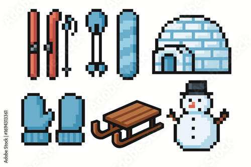 Pixel art winter icons: snowman, igloo, skis, snowboard, mittens, sled