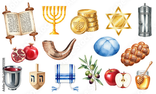 Jewish Holidays Traditions Watercolor Set of Religious Elements