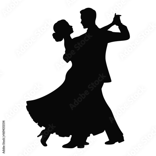 Silhouette of elegant couple ballroom dancing in formal attire, showcasing graceful movement, coordination, and romantic connection