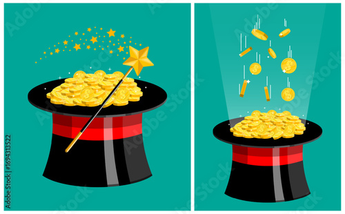 Magic hat generating gold coins with a wand and stars alongside another hat filling with money. Financial success concept for business.