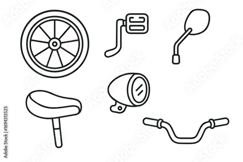 Bicycle parts: wheel, pedal, mirror, saddle, handlebar, light - line art