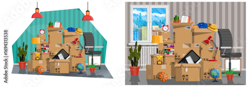 Moving to new house or flat. Cardboard boxes with home stuff. Relocation in office or apartment.