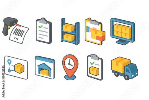 Logistics and warehouse flat icon set: delivery, storage, inventory management icons