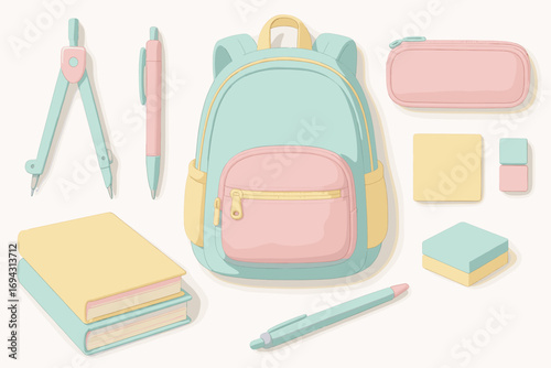 Pastel school supplies - backpack, stationery, books in soft colors