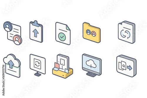 Data management icon set. 3d icons for database, storage, and network visualization