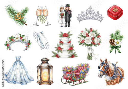 Winter Wedding Watercolor Set Festive Illustrations and Holiday Elements