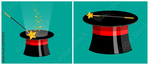 Magic trick with top hat and wand. Illusionist performance with stars. Circus show and magic concept for party and event.