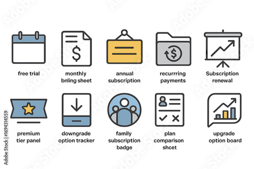 Subscription management outline icon set. billing, renewal, tracking, finance icons