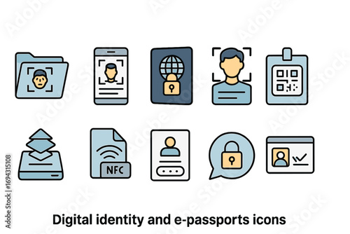 Digital identity and e-passports icon set. flat, secure, identification icons collection