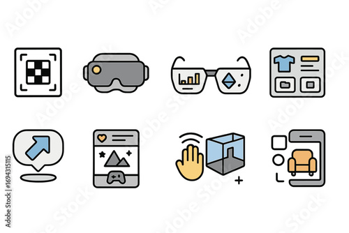 Augmented reality flat icon set. virtual reality, tech gadgets, interface icons