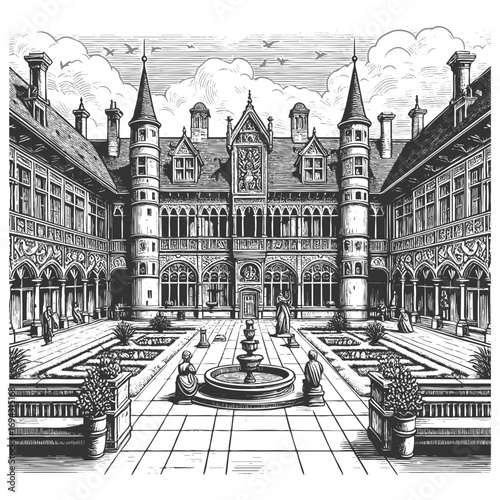palace courtyard with arched windows, towers, statues, gardens, and a central fountain sketch engraving generative ai vector illustration. Scratch board imitation. Black and white image.