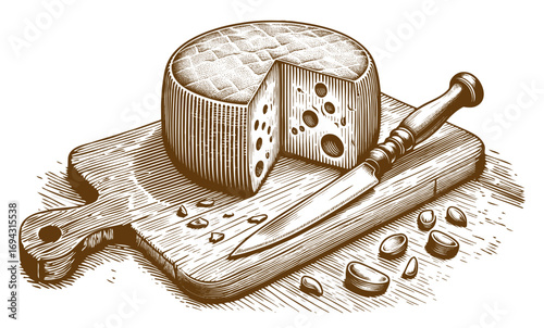 round cheese wheel with a slice cut out, placed on a wooden board with knife sketch engraving generative ai vector illustration. Scratch board imitation. Black and white image.