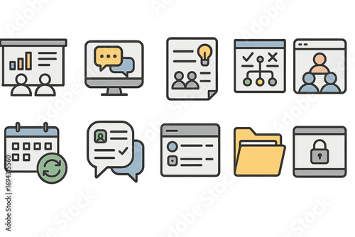 Business, communication flat icon set. management, network, office icons collection