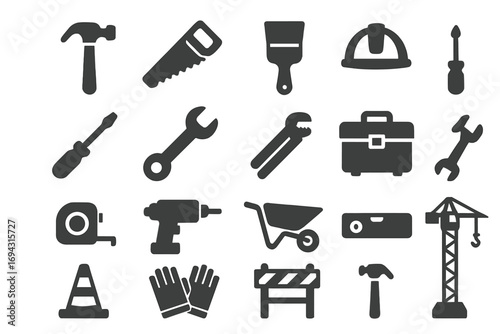 Construction tools silhouette icon set. hammer, brush, hard hat icons collection