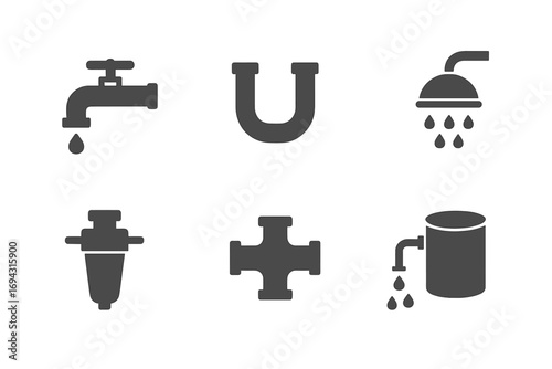 Plumbing, water outline icon set. pipes, faucet, shower, valve, maintenance