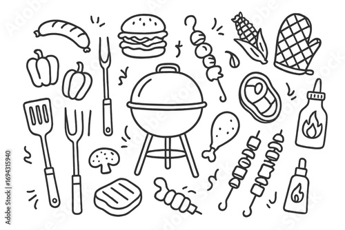 Barbecue grill outline icon set. bbq, cookout, summer food, fork, outdoor icons collection