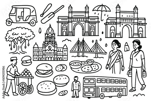 Mumbai, india line icon set. landmarks, cuisine, culture, transport, architecture icons