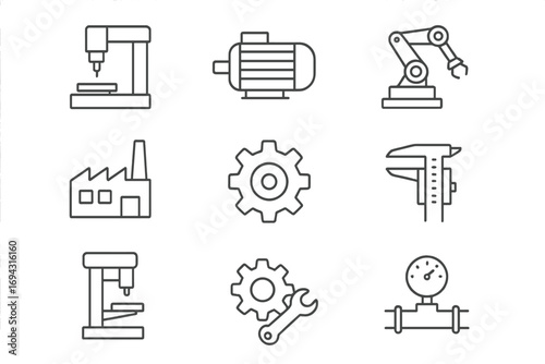Manufacturing and engineering line icon set. precision, industry tools collection