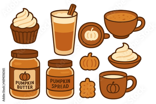 Autumn treats filled icon set. pumpkin spice, dessert, cozy food icons filled collection