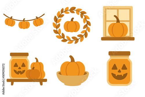 Autumn and halloween flat icon set. pumpkins, décor, harvest, seasonal graphics