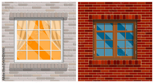 Two classic windows on brick wall. Different house facade types. Flat style architecture element. Exterior design concept.