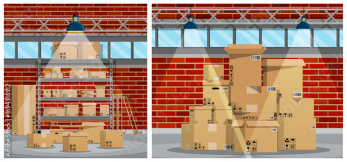 Warehouse interior with cardboard box parcel on shelves. Storehouse storage concept. Delivery, cargo, and logistic service illustration for business.