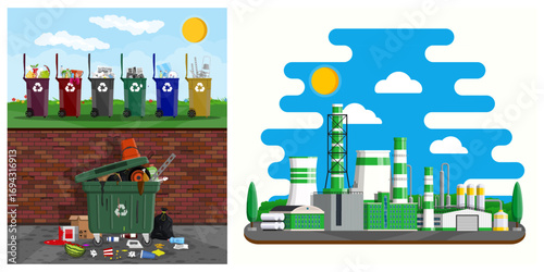 Sorting trash and recycling plant. Waste container with rubbish. Ecology care and environmental protection concept.