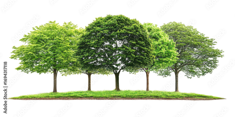 Obraz premium Five Lush Green Trees Standing on a Grassy Mound with Transparent Background blur real isolated on a transparent background