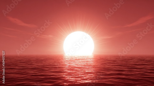 Minimalist ocean horizon under glowing pink sunset sky, peaceful calm atmosphere, high-resolution seascape photo