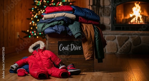 Winter coats and clothing for donation near a Christmas tree and fireplace, concept for charitable coat drive.