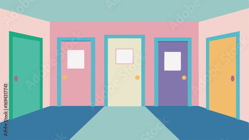 ColorCoded Rooms An illustration of several rooms in a memory care facility each painted in a different pastel color with a matching sign on the door making it easier for residents