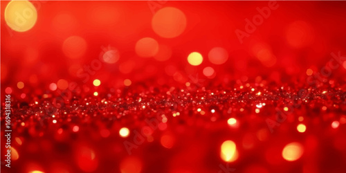 Red Christmas light bulb close up with festive decoration and glowing bokeh background