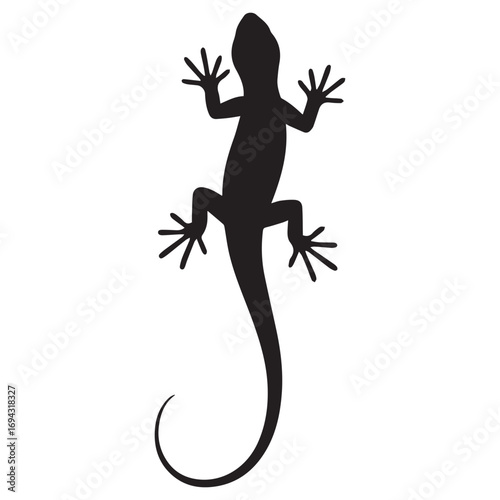 A stark black silhouette of a gecko lizard with its body elongated and tail curled against a pure white background