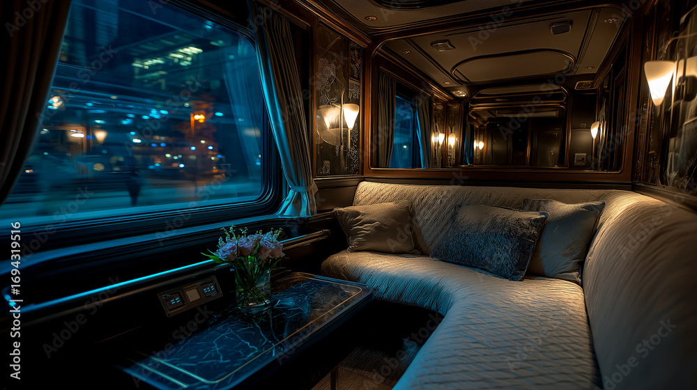 Obraz premium Inside a European luxury sleeper train at night, dim ambient light, elegant interior, city lights through the windows, realistic travel photography