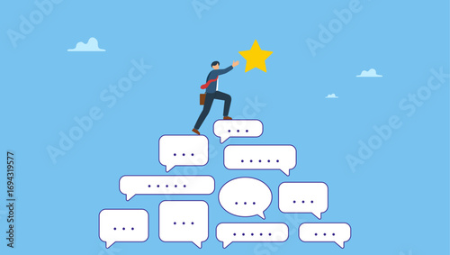 Businessman climb up conversation bubble to reach star. Communication for success, effective meeting or discussion to get solution and achieve target, meeting or conversation to reach goal.