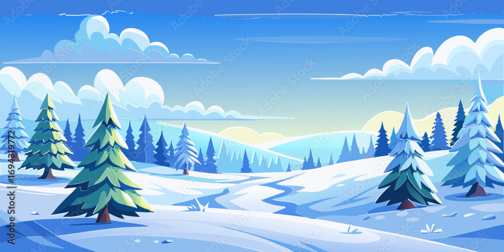 Fototapeta premium vector graphics, landscape, sky, clouds, forest, mountains, stream, snow, ice, trees, bushes, pine needles, thawed patches, snowdrifts, fjords, meadows, glades, wind, freshness