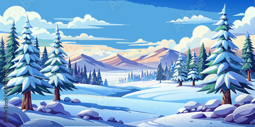 vector graphics, landscape, sky, clouds, forest, mountains, stream, snow, ice, trees, bushes, pine needles, thawed patches, snowdrifts, fjords, meadows, glades, wind, freshness