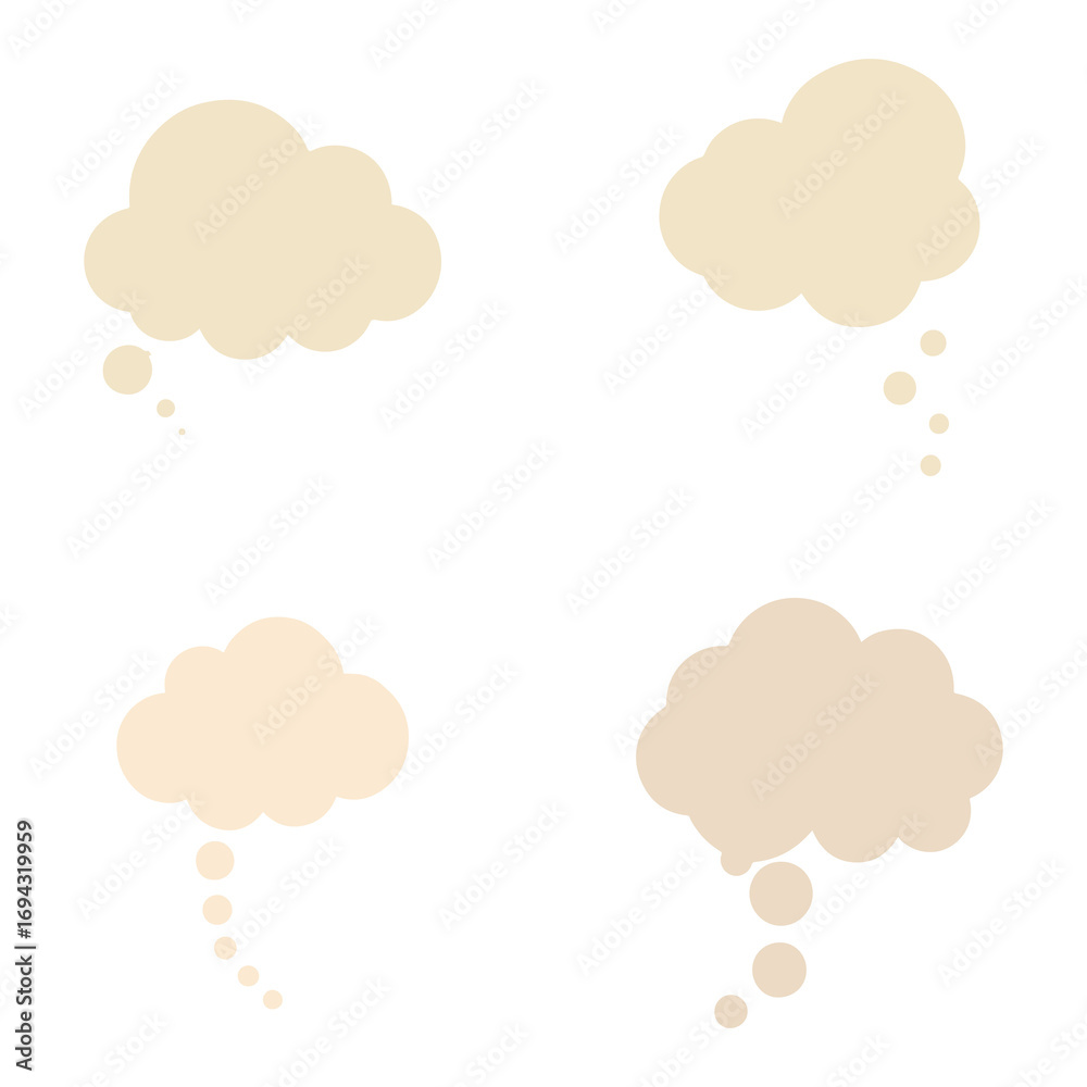 Obraz premium Thought Bubble Icon Set 4 Cream Vector Designs with Unique Dot Trails on Reddish Brown Background for Comics and Idea Themes