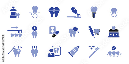dental icons set. tooth, toothpaste, toothbrush and more. simple color vector illustration