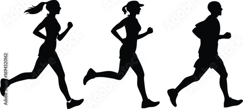 Running man and woman silhouettes vector set illustration. Male and female runners figure shapes vector.