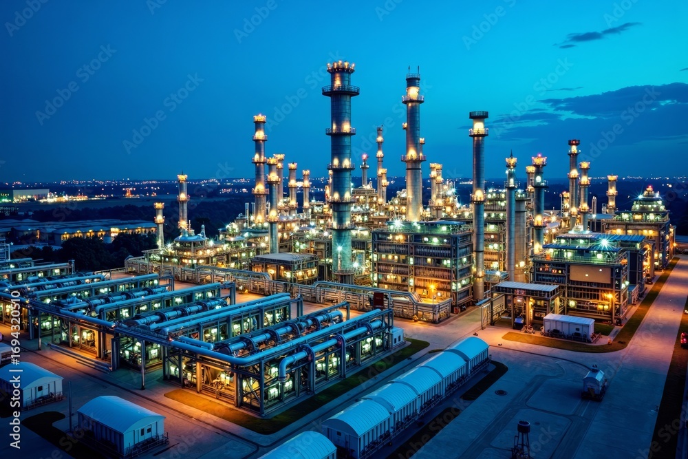 Fototapeta premium Twilight Scene: Oil Refinery and Petrochemical Plant in Aerial View, Highlighting Complex Machinery and Glowing Pipes at Dusk.