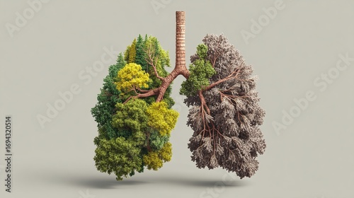 Lung Health and Environment: Trees symbolize the vital connection, one side flourishing, the other affected, highlighting respiratory wellness.