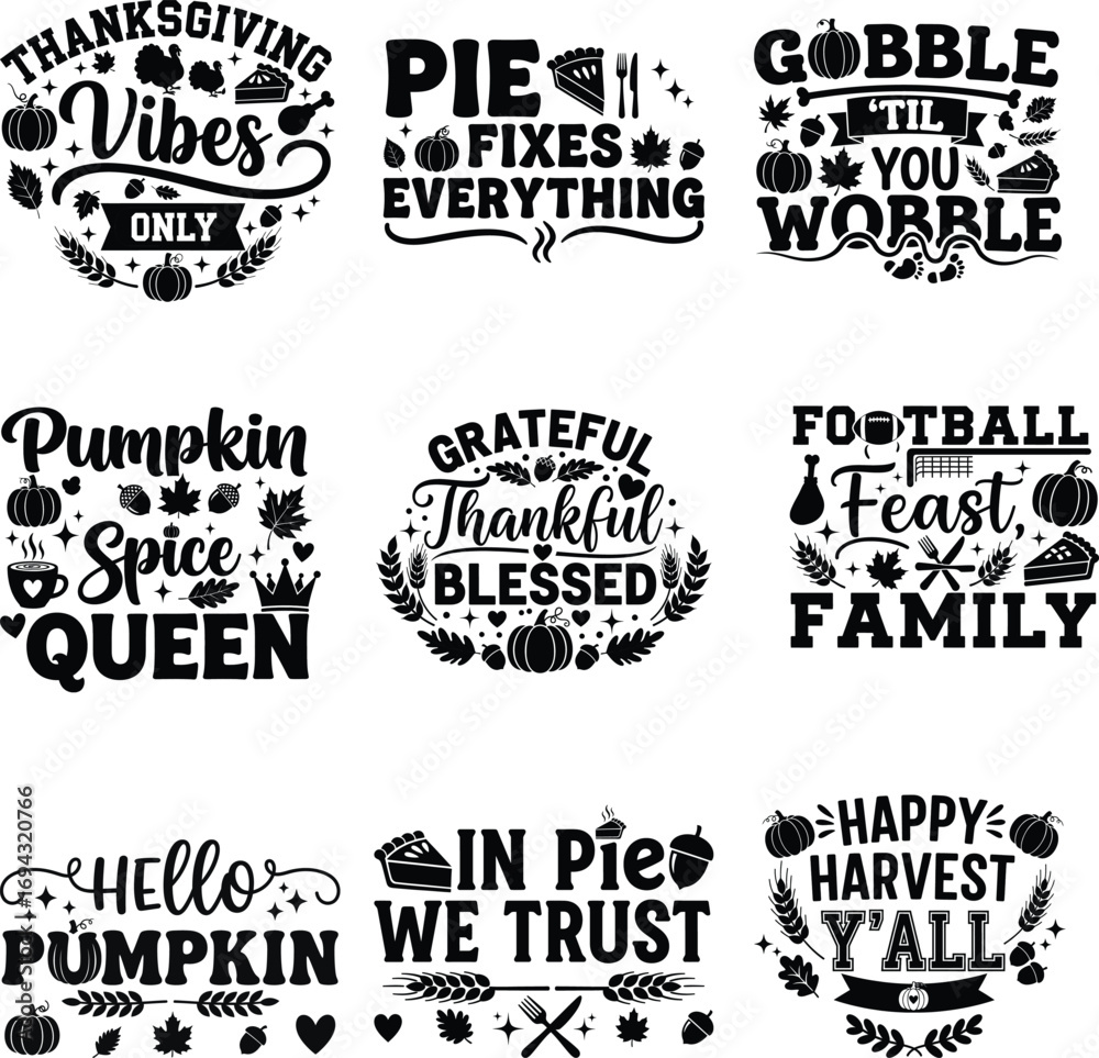 Fototapeta premium Thanksgiving Funny Quotes Typography Bundle with Festive SVG Lettering Designs